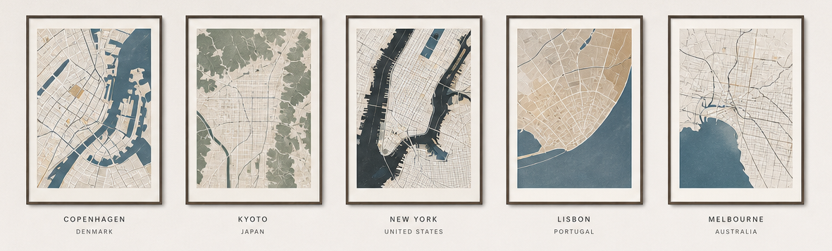 Five framed minimalist city map artworks
